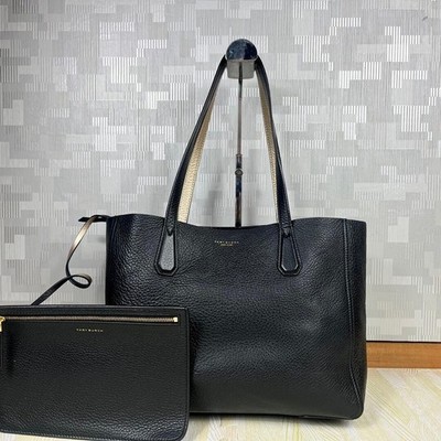 Tory Burch Perry Tote Bag Schwarz Leder Schultertasche mit Etui Business Arbeit