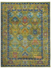 Oushak Rug New Zealand Wool Floral Vintage Style Blue Green Gold Handmade