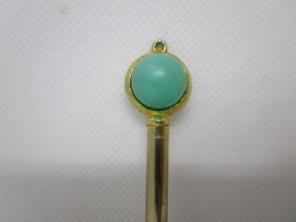 Старинный миниатюрный 3-дюймовый механический закрученный карандаш с кольцом для ключей золотой бирюзовый кабошон - Изображение 2 из 4
