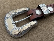 Vintage Old Western Srour Sterling Silver & 10K Gold Ranger Belt Buckle Belt Set