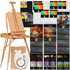 151Pcs All-In-One Art Painting Kit with Aluminum & Beech Wood Easel, 96 Acrylic,