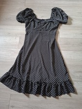 Boohoo Black Spotted Silky Flared Midi Dress Frilled Bardot Neckline Retro UK20