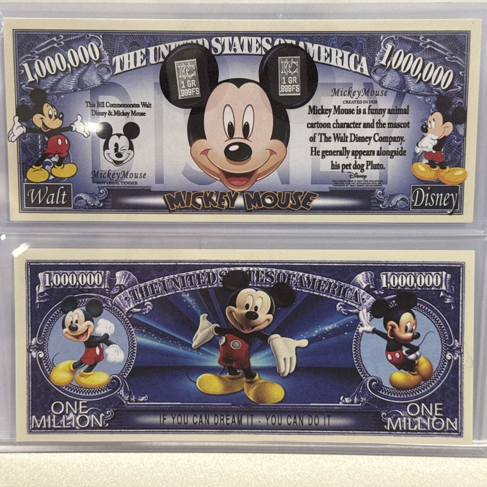Walt Disney MICKEY MOUSE $1,000,000 collectors bill w/ 2 grains silver 