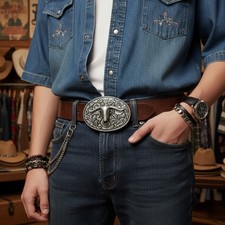 Men Women Silver Color Metal Bull Belt Buckle Western Fashion Oval Longhorns Cow