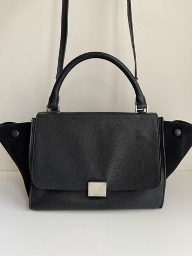 Authentic CELINE Small Trapeze Black Leather Suede Handbag