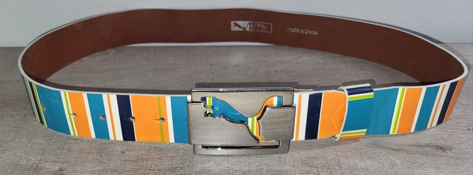 Cinturón de cuero a rayas naranja verde azulado deportivo PUMA Rudolf Dassler para hombre L grande difícil de encontrar Foto 2 de 4