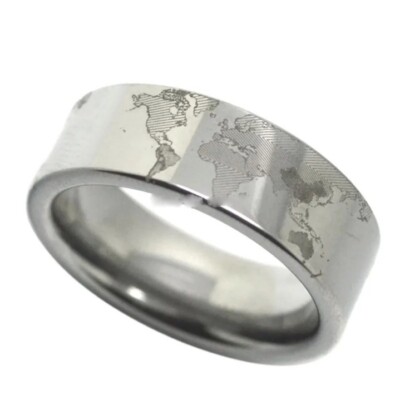 8MM Silver Color Pipe World Map Design Engraved Tungsten Carbide Ring Band Gift