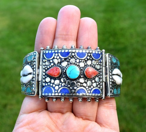 Tibetisches Silber Nepal Armband Türkis Koralle Ethno Armreif Muschel Scharnier Manschette - Bild 7 von 10