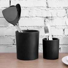 Set of 2 Black Ceramic 6.5 Inch and 4.5 Inch Kitchen Crock Utensil Holder