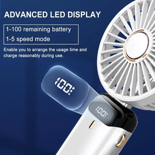 Handheld Folding Desk Fan Cooling USB Charging LED Display Portable White - Picture 3 of 7