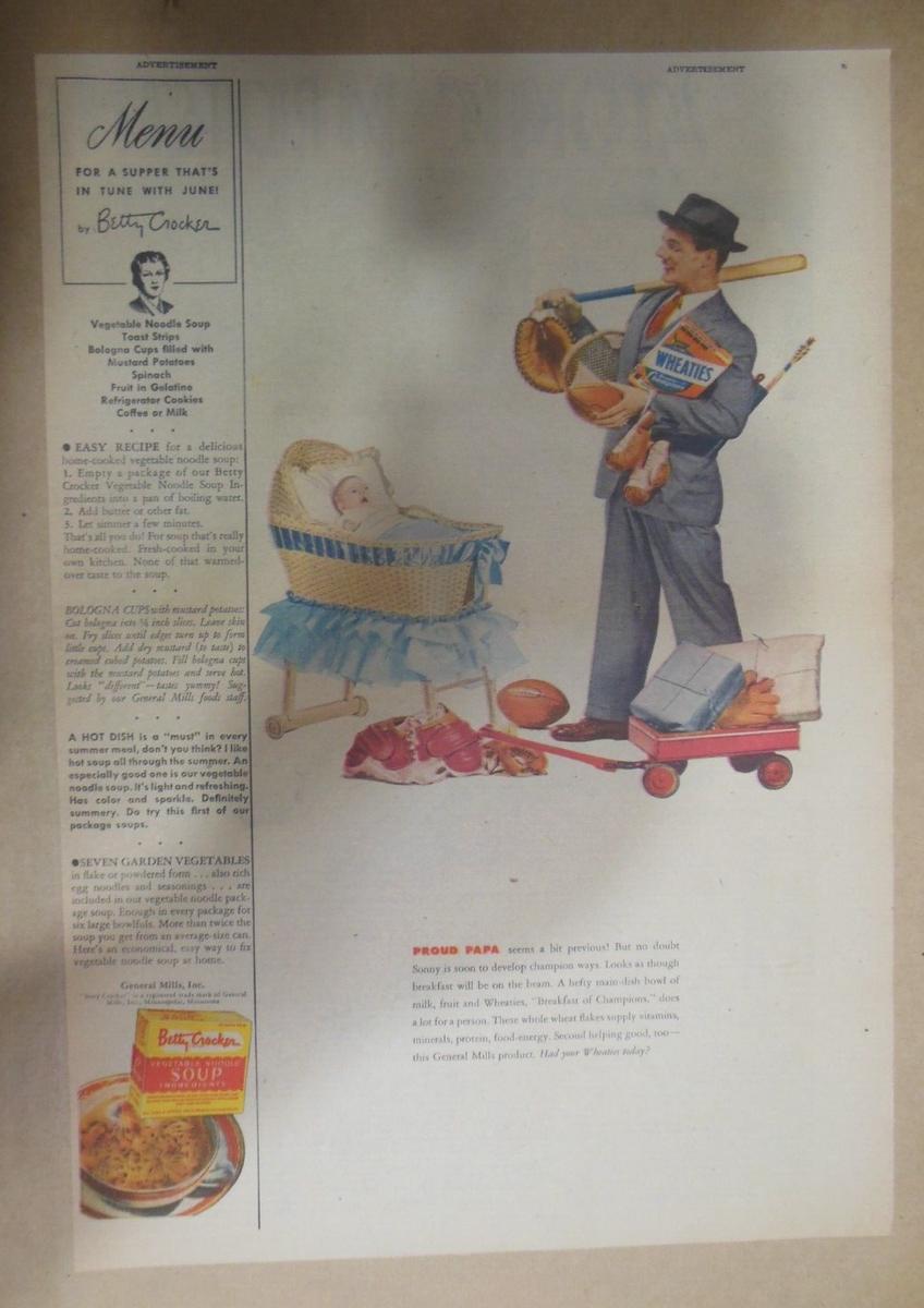 Wheaties Cereal Ad: Wheaties Proud Papa ! 1944 Size: 11 x 15 