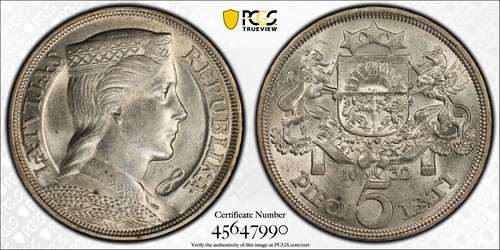 1932 Latvia 5 Lati PCGS MS62 Nice Bright White Example 2352