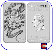 2025 Australia Perth Mint 1 oz Silver Dragon Bar Rectangular Coin in capsule