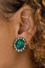 Paparazzi Earring- Gala Glamour- Green and Hematite Rhinestones- Clip on