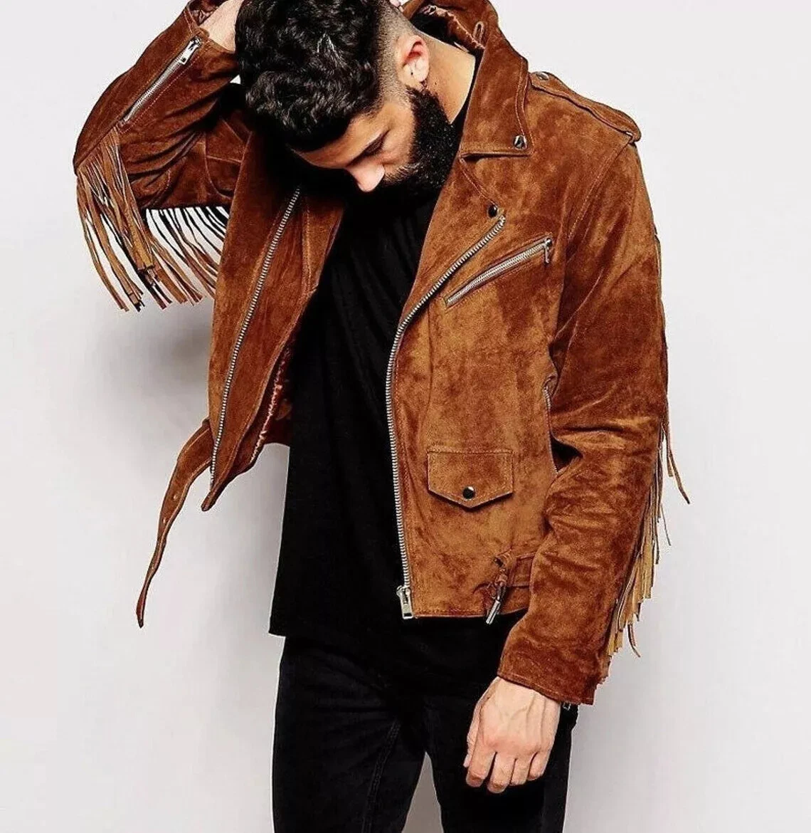 CLASSIC New Men's Tan Suede Jacket 100% Pure Lambskin Moto Biker Coat Jacket