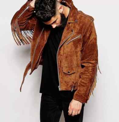 CLASSIC New Men's Tan Suede Jacket 100% Pure Lambskin Moto Biker Coat Jacket