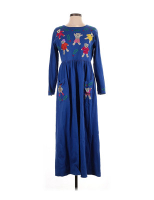 MICHAEL SIMON Lite Blue Cotton Teddy Bear Embroidered Long Sleeve Maxi Dress S