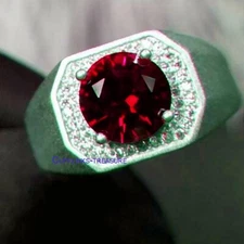 Natural Garnet & CZ Gemstones with 925 Sterling Silver Ring For Men's #334