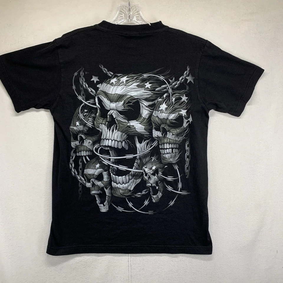 Camisa calavera vintage Y2K para hombre mediana alambre de afeitar cadenas bandera americana doble cara Foto 3 de 4