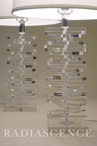 PAIR LUCITE KARL SPRINGER ACRYLIC HELIX STAIRCASE SCULPTURE TABLE LAMPS 70'S - Picture 4 of 11