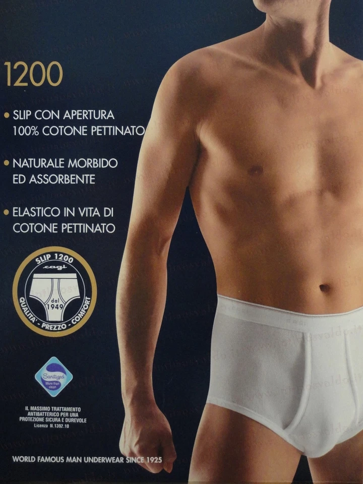 SLIP CLASSICO UOMO CAGI ART.1200 ALTO E APERTO DAVANTI 100% COTONE COLORE BIANCO - Immagine 3 di 4