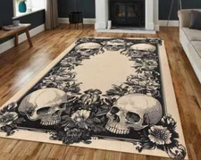 Gothic Skull Floral Rug, Victorian Baroque Skeleton Frame Carpet, Halloween Rug 