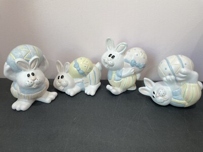 4 EASTER BUNNY RABBITS EGGS Figurines CERAMIC Vintage 5'' POTTERY Tumbling SET
