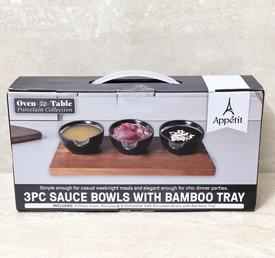 3 Pc Porcelain Sauce Bowls With Bamboo Tray- Appetit Oven To Table-NEW