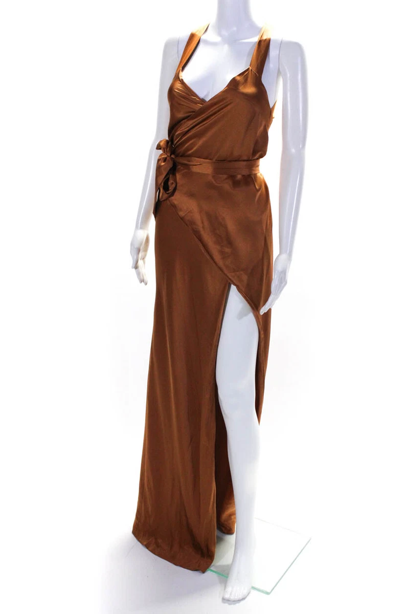 Michelle Mason Womens Silk Sleeveless Wrap Dress Brass Brown Size