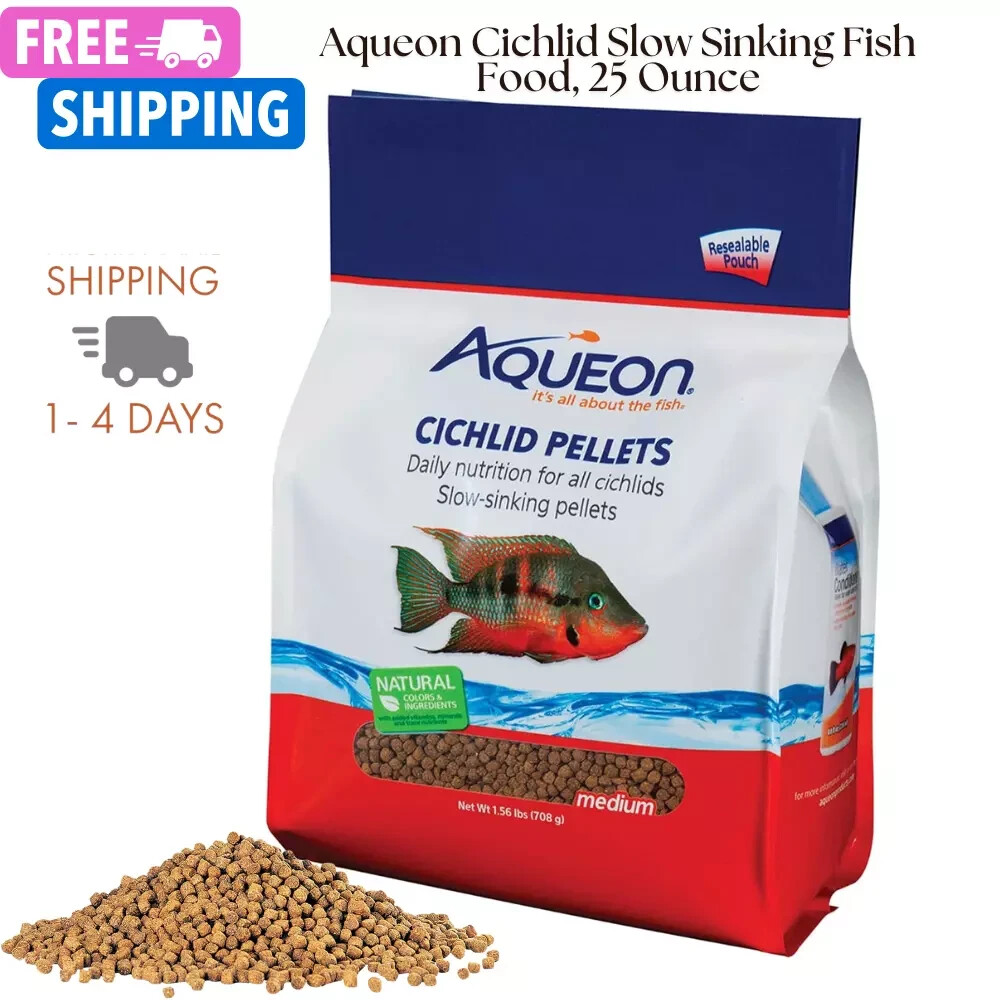 Aqueon Cichlid Slow Sinking Fish Food Pellets, Medium Size, shrimp, 25 Ounce