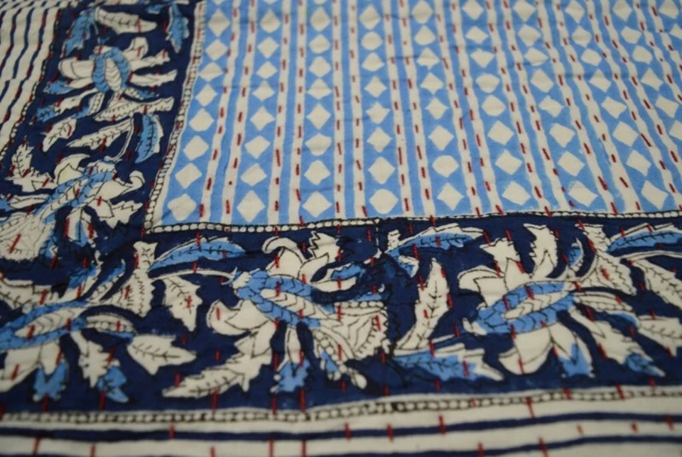 Indian Handmade Kantha Quilt Bedspread Reversible Blanket Polka Dot Print Throw - Image 2 of 4