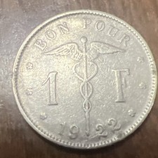 Old Belgium Coin - 1922 French 1 Franc - Circulated With Very Nice Details