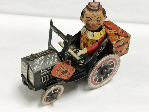 1930's Marx Tin Litho Wind Up Joy Rider Crazy Car Mechanical Toy WORKING
