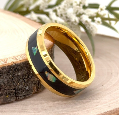 8mm Scratch-Resistant Gold Tungsten Band  Black Opal Inlay Christmas Ring Design