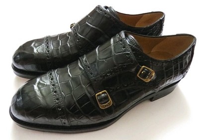 GUCCI Double Monk Strap Crocodile Alligator Leather Shoes 9.5 G 10 US 43 Euro