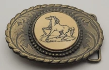 VTG Bronze tone Metal Scrimshaw running horse belt buckle by Oden Inc.