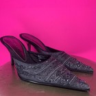 Nine West Embroidered Beaded Dark Gray Black Pointed Toe Heeled Dress Mule Sz 7