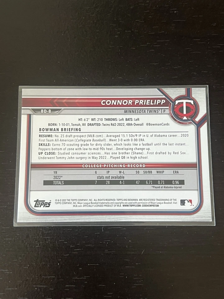 2022 Bowman Draft Signed Connor Prielipp #BD-8 Minnesota Twins Autograph - Image 2 of 2