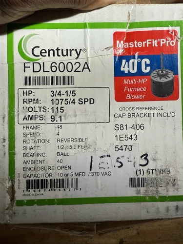 Century F48AD80A01 Furnace Blower Motor 3/4HP 1075RPM 4SPD 115V 1PH FDL6002A