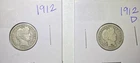 Barber Dimes Lot Of 2 Coins 1912 And 1912 D. Very Nice Details.
