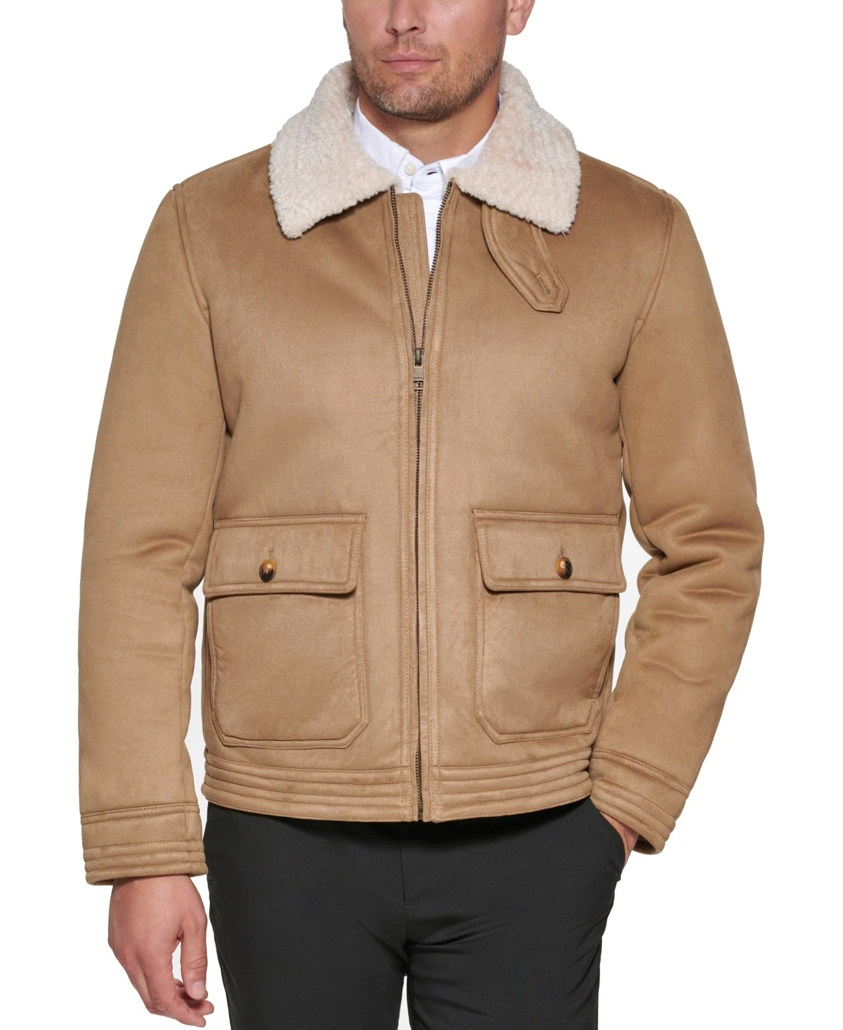 Club Room Mens Faux Suede Casual Coat Small Beige Solid