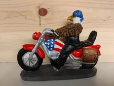 Motorcycle Figurine Bald Eagle Driving Red White & Blue 8 1/2 by 6 1/4