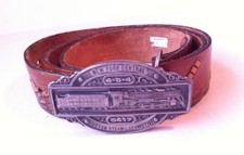 Vtg leather Train Belt & 1985 Bergamot Buckle 39"-44" Made USA RR Crossing Lamp