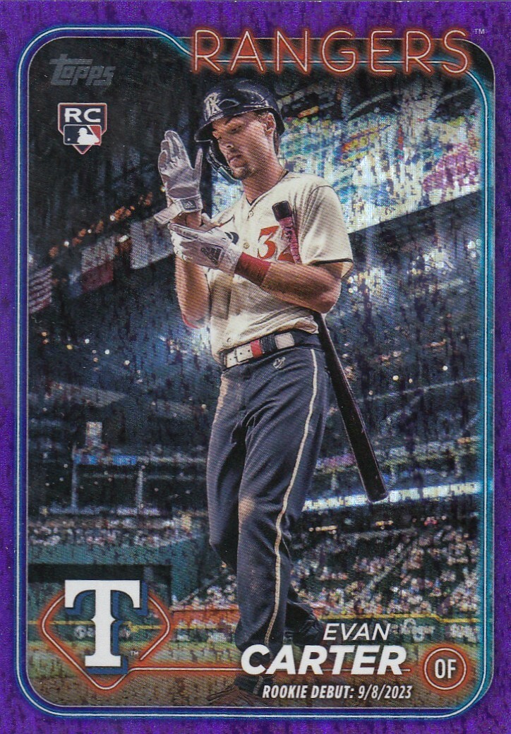 EVAN CARTER /799 TOPPS UPDATE ROOKIE PURPLE HOLO FOIL RC RANGERS #US58 2024 24