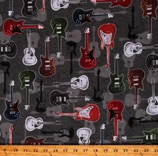 Cotton Man Cave Musical Instruments Guitar Charcoal Fabric Print by Yard D675.51