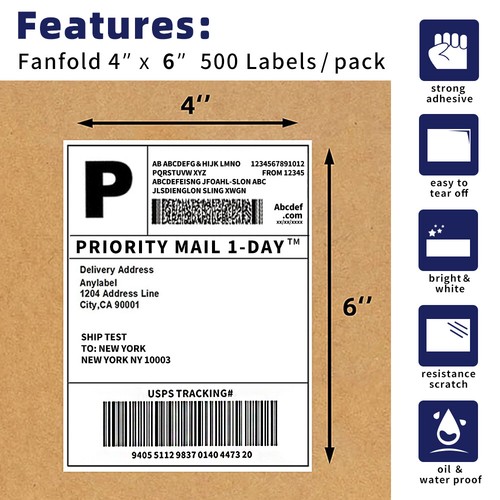 4"x6" Fanfold Direct Thermal Shipping Labels for Zebra and Rollo Printers - Picture 9 of 9