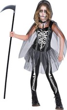 Grim Reaper Girl Scary Ghoul Skeleton Dead Fancy Dress Halloween Child Costume