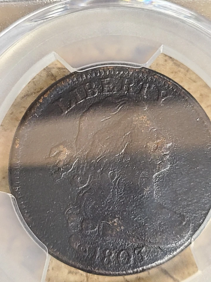 1803 1 Cent PCGS Daño ambiental genuino detalle Pequeña fecha Gran fracción Foto 2 de 3