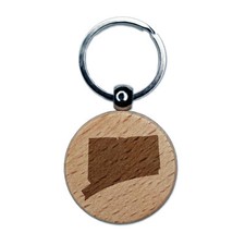 Connecticut State Silhouette Engraved Wood Round Keychain Tag Charm
