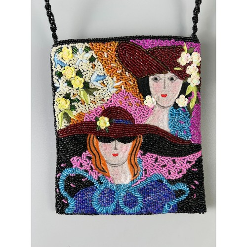 Vintage Seed Bead Purse Victorian Art Deco Ladies Flowers Black Pink Blue White - Picture 3 of 7